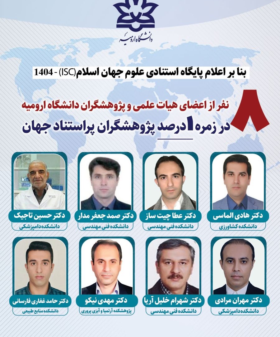 معرفی تعداد هشت نفر از اعضای هیات علمی و پژوهشگران دانشگاه ارومیه، به عنوان پژوهشگران پراستناد یک درصد برتر